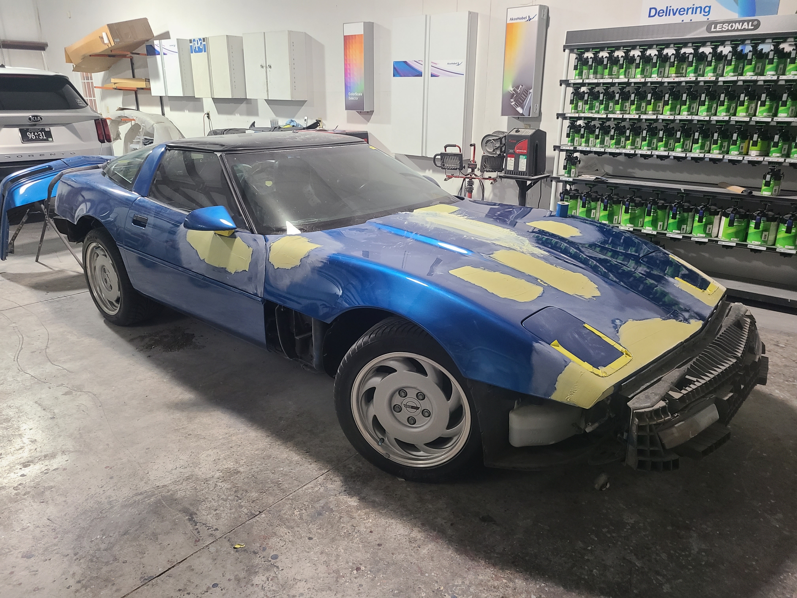 Blue Corvette prepped for paint