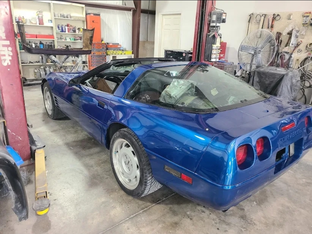 Blue Corvette in workshop - collision repair